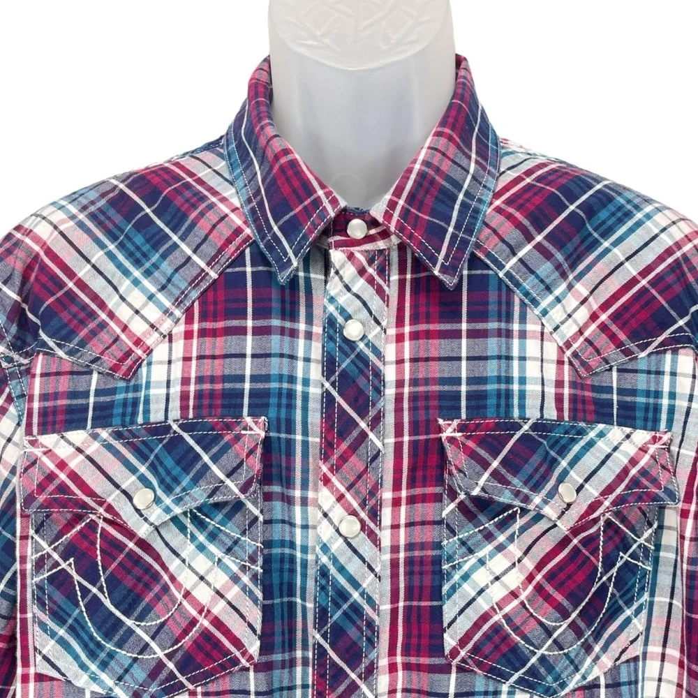 True Religion Mens‎ XL Plaid Western Pearl Snap Shirt Red Blue